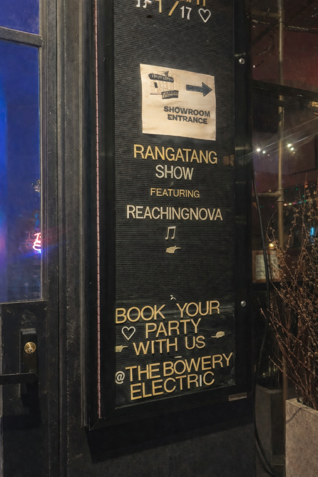 Rangatang sign board featuring ReachingNOVA at The Bowery Electric NYC