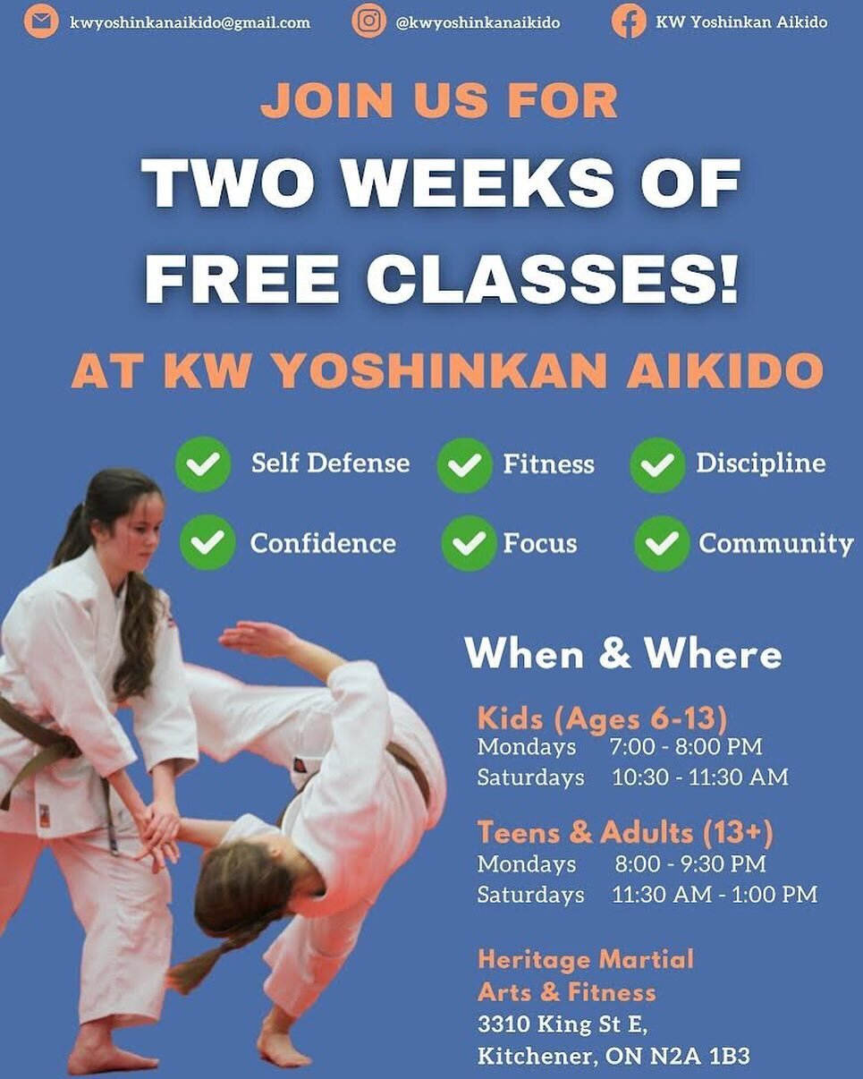 Come and join us this month for two weeks of free #aikido classes in #kitchener ! 🥋Drop-Ins are welcome!