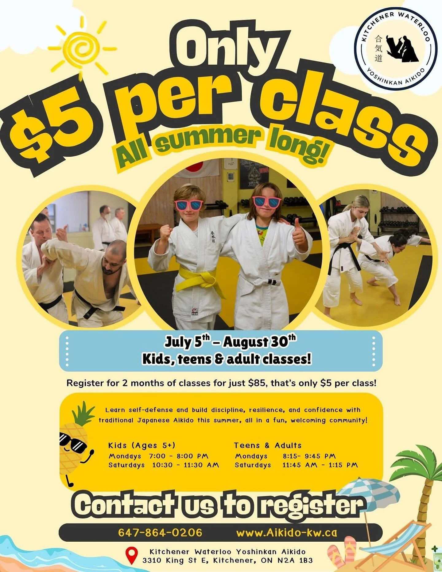☀️ Only $5 per class ALL summer long! 🥋

Hi KW! 👋 Are you looking for something fun, active, and confidence-boosting for your kids or yourself to do summer? Join us from July 5 &ndash; August 30 to learn Yoshinkan Aikido in a welcoming community 💪