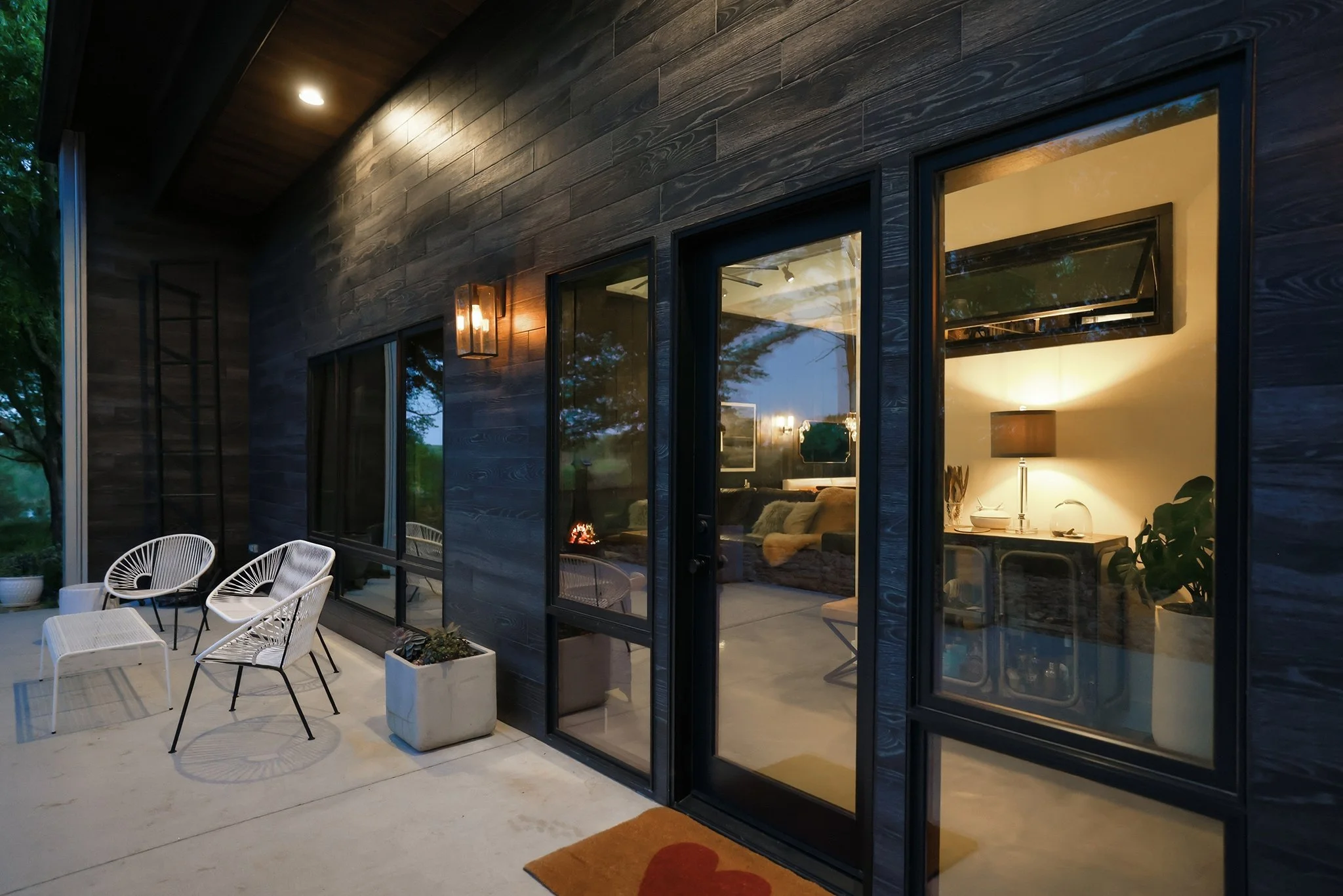 The front entrance at twilight and evening is always inviting and warm