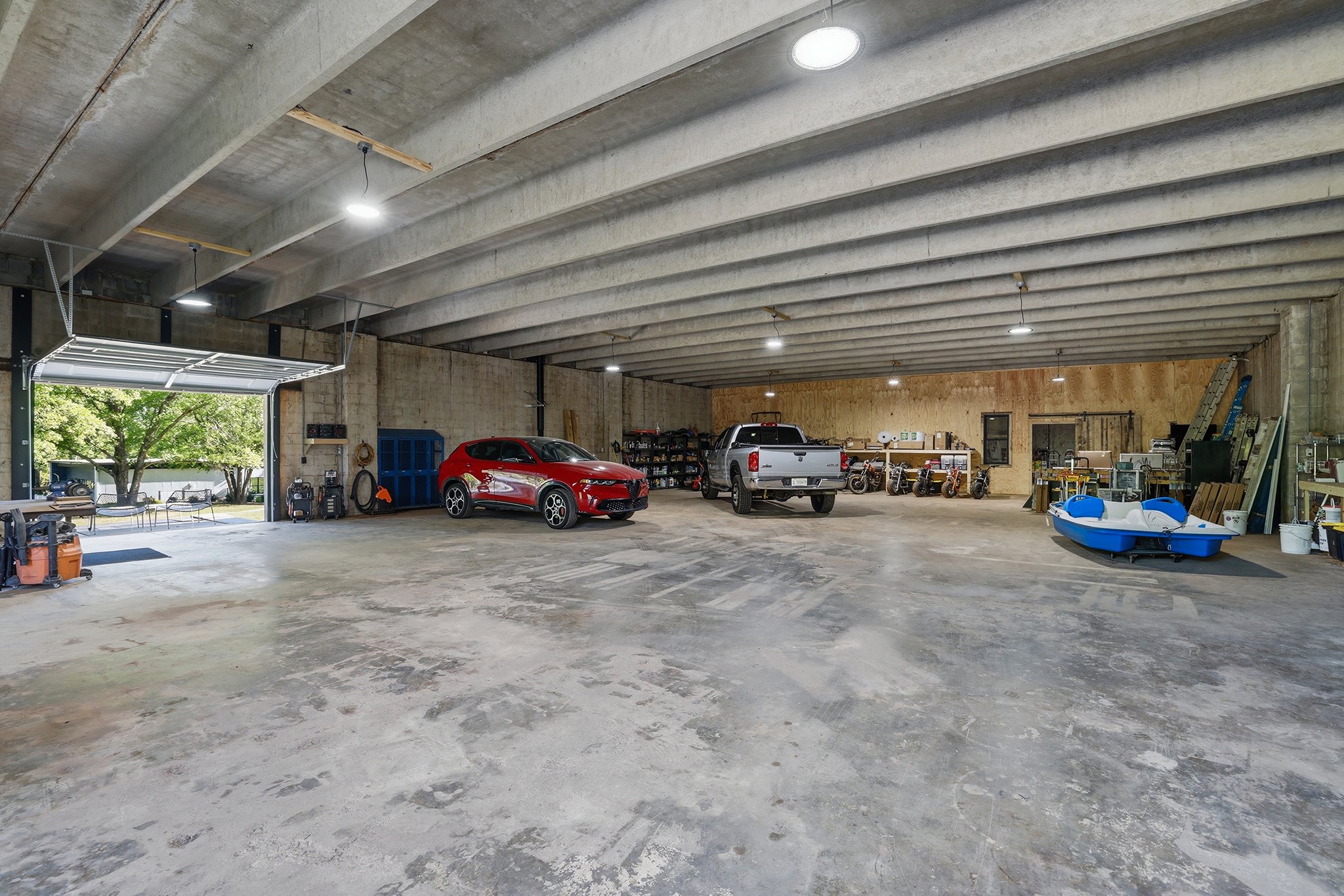 View of the new roll-up garage door and loading dock where you can take a break to enjoy the views