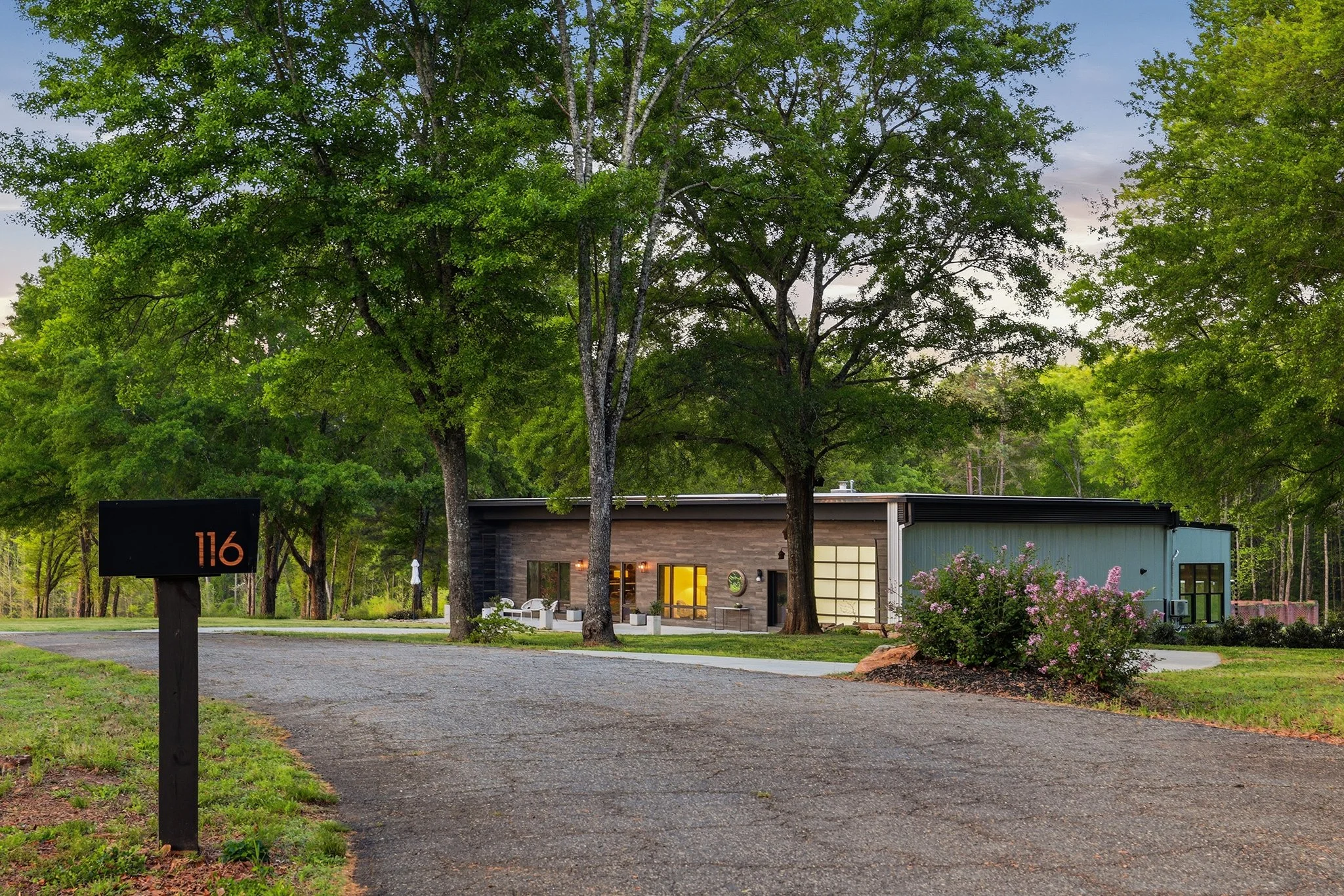 A view from the midcentury mailbox and adjacent lilac bushes 
