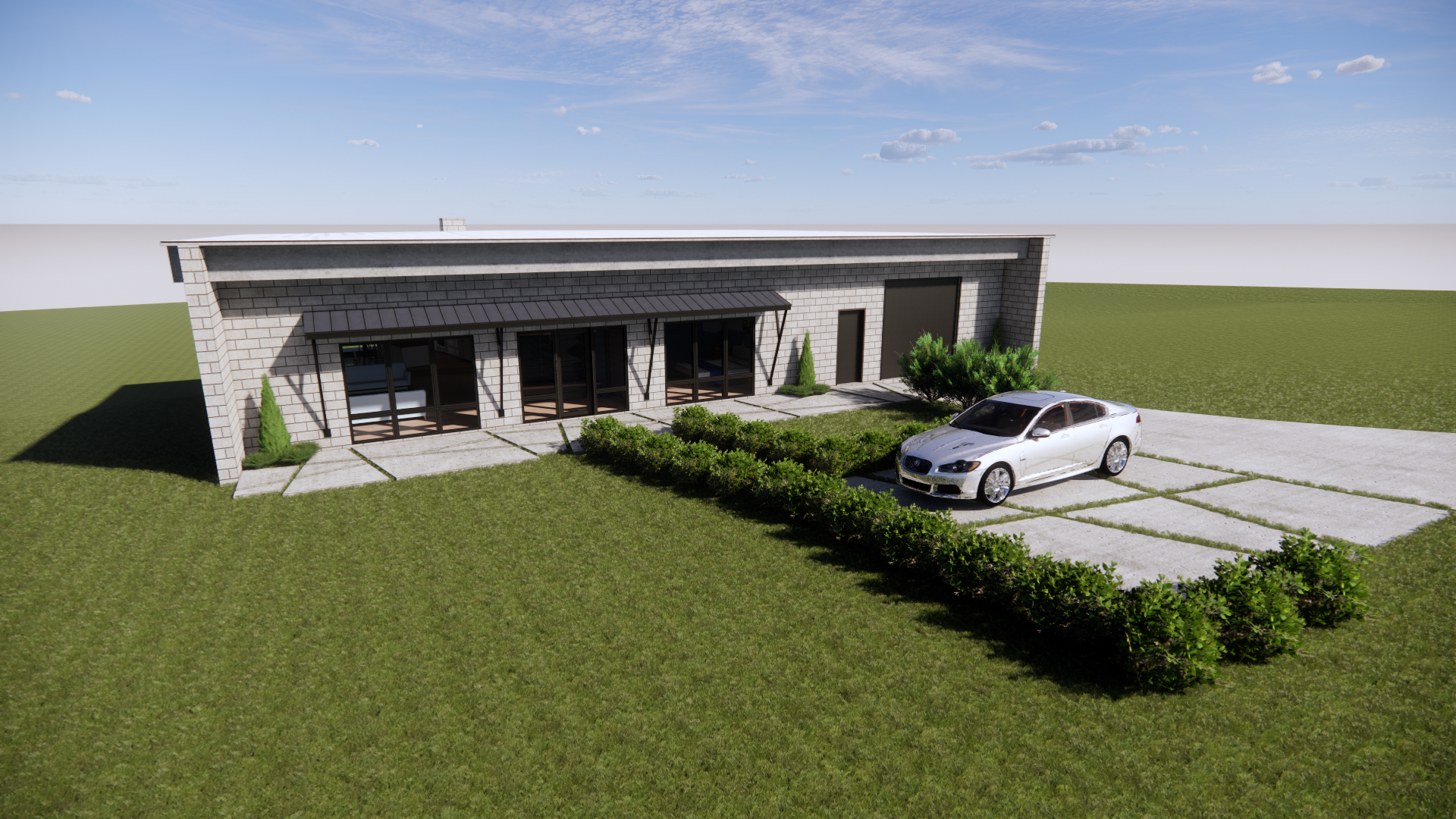 Modern single-story house with large glass doors, surrounded by greenery and a white car parked in front.