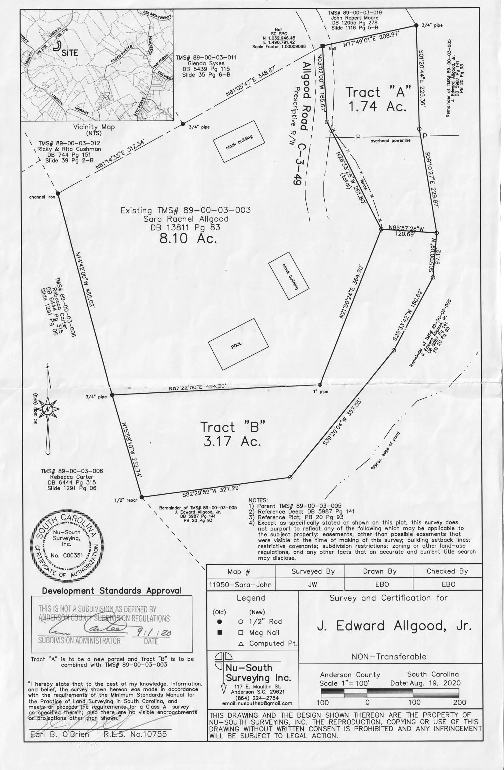 Survey map showing two plots, 'Tract A' and 'Tract B,' with acres, boundary lines, structures such as a pool and buildings, roads, pipes, and various survey notes and measurements.