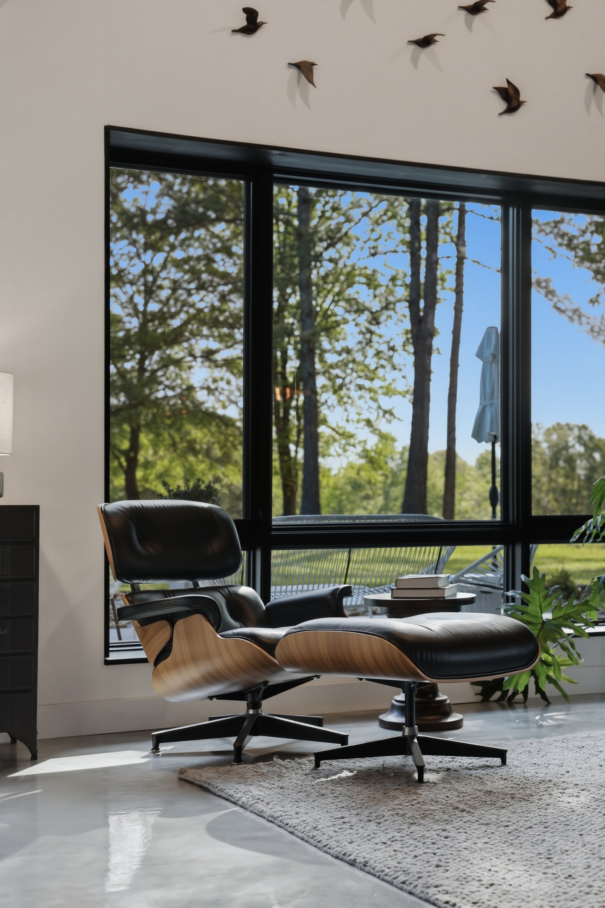 A modern living room corner with an Eames lounge chair and ottoman near large windows revealing a green outdoor area with trees and an outdoor umbrella folded up. Decor includes a white lamp and a small plant.