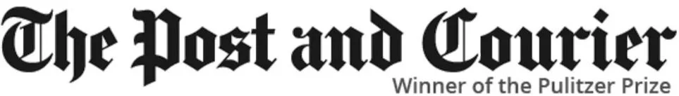 The logo of The Post and Courier newspaper with a note about winning the Pulitzer Prize.