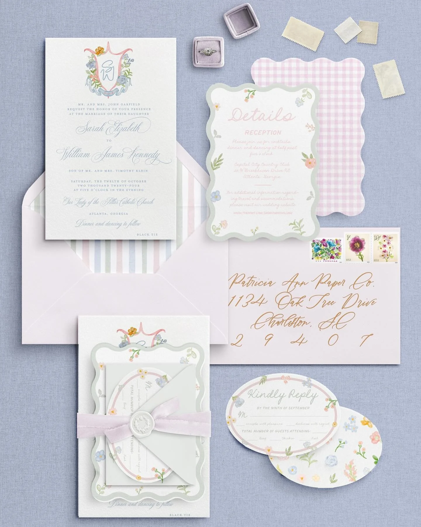 I am absolutely in love with this wedding suite for Sarah and William! With soft, pastel watercolors, fun DIE cut shapes, a custom crest, silk ribbon, and a wax seal, it&rsquo;s the perfect blend of elegance and personality for their big day!
.
.
.
.