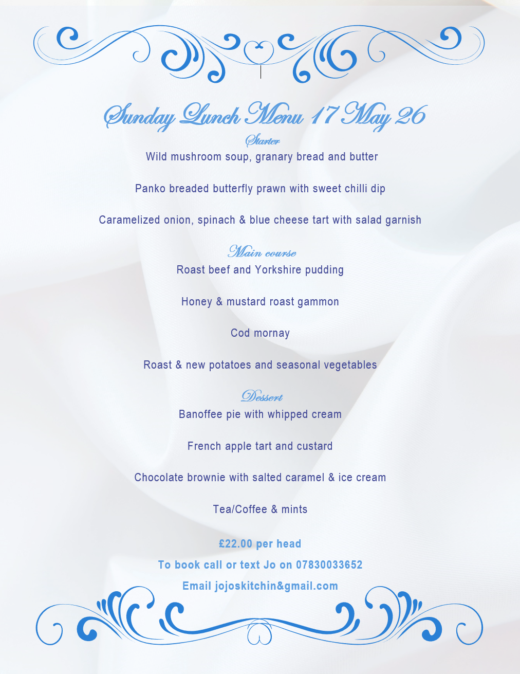 JoJos Sunday Menu 17.5.2026
