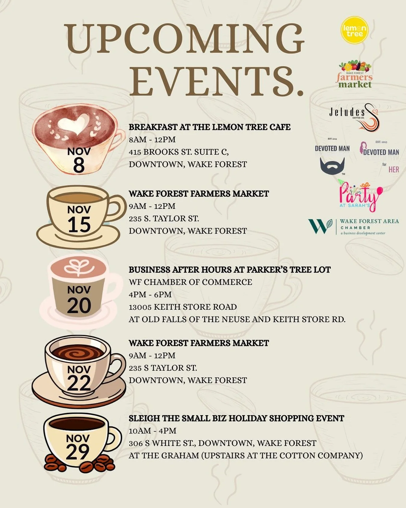 ☕️ Catch us this month!
We&rsquo;ll be serving up freshly roasted bagged coffee bags and brews all around Wake Forest. From markets to holiday pop-ups. Come say hi and sip with us! 

📍 Where we&rsquo;ll be:
&bull; Nov 8 &ndash; Breakfast at The Lemo