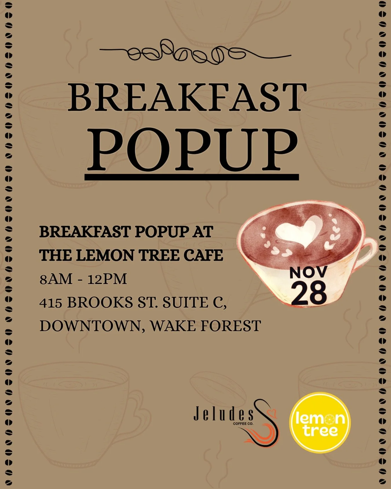 Join us this Friday, November 28th, at The Lemon Tree Caf&eacute; for a cozy start to your day. Enjoy delicious breakfast and fresh coffee ☕️ before you head out for holiday shopping!🛍️