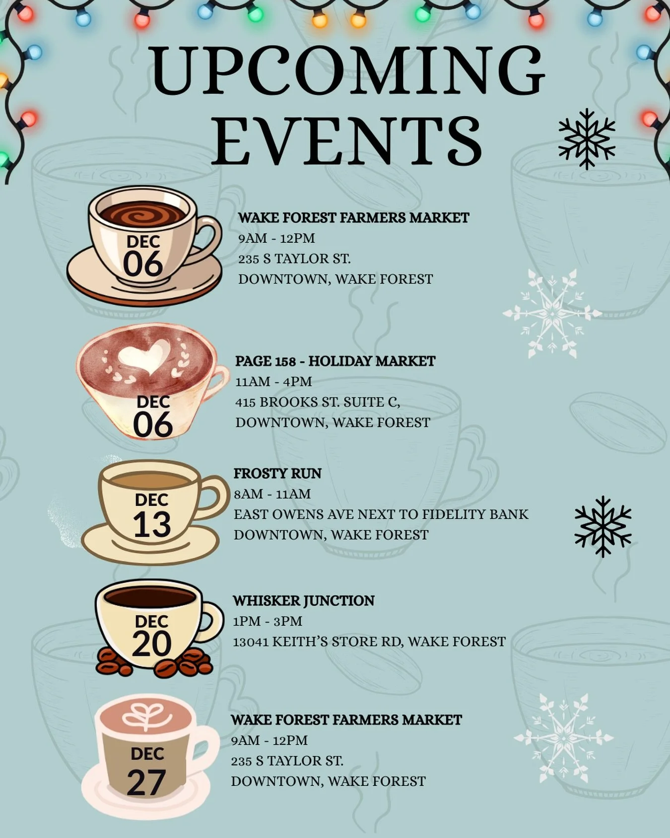 ☕️ Catch us this month!❄️
We&rsquo;ll be serving up freshly roasted coffee bags and brews all around Wake Forest. From markets to holiday pop-ups. Come say hi and sip with us!