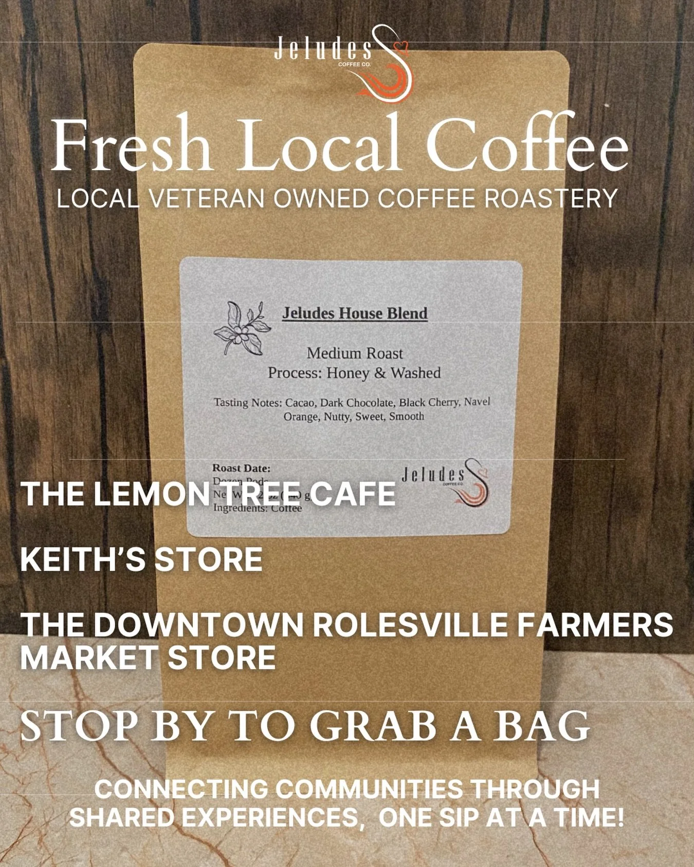 Fresh roasted. Veteran owned. Community driven.

If you have not tried Jeludes Coffee yet, this is your sign ☕

Our House Blend is roasted fresh with rich notes of cacao, dark chocolate, black cherry, and a smooth, sweet finish that keeps you coming 