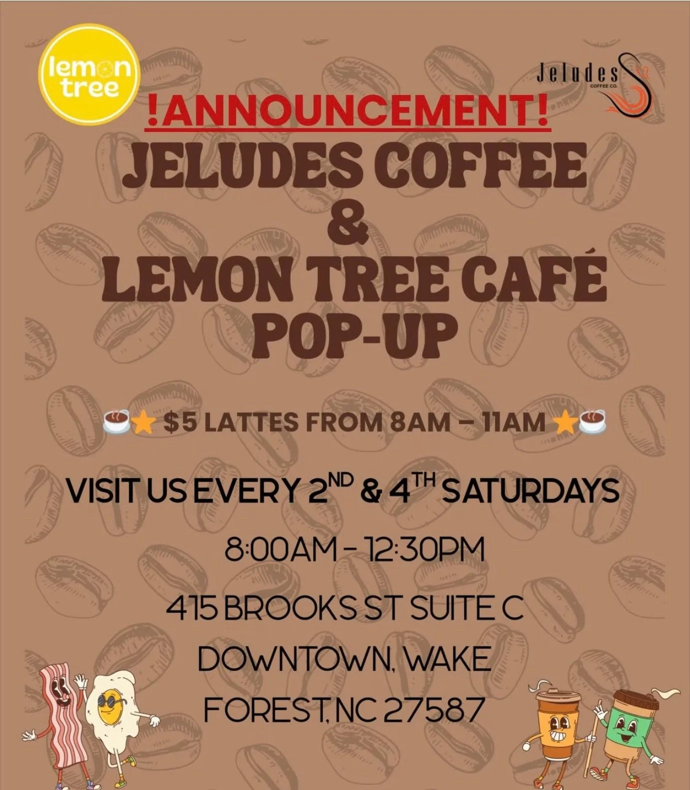 Breakfast + Coffee Pop-Up ☕🥐

Join us every 2nd &amp; 4th Saturday for a special Breakfast + Coffee Pop-Up with The Lemon Tree Caf&eacute;.

Start your morning with a fresh breakfast and a handcrafted cup of coffee from Jeludes Coffee Co.. It is the
