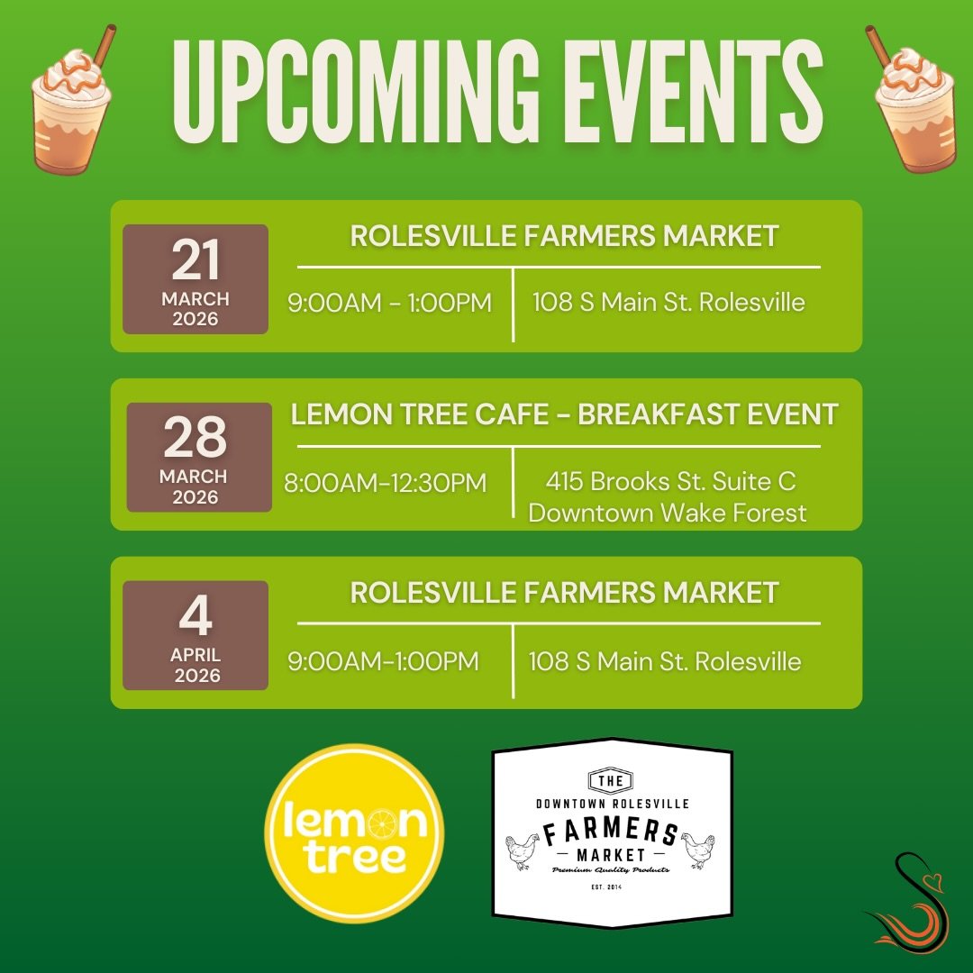 Come visit us at The Lemon Tree 🍋 for a delicious breakfast and a freshly brewed espresso ☕✨

Or catch us at the Downtown Rolesville Farmers Market 🛍️🌿 and shop local with us!

Don&rsquo;t forget to stock up on your favorite freshly roasted coffee