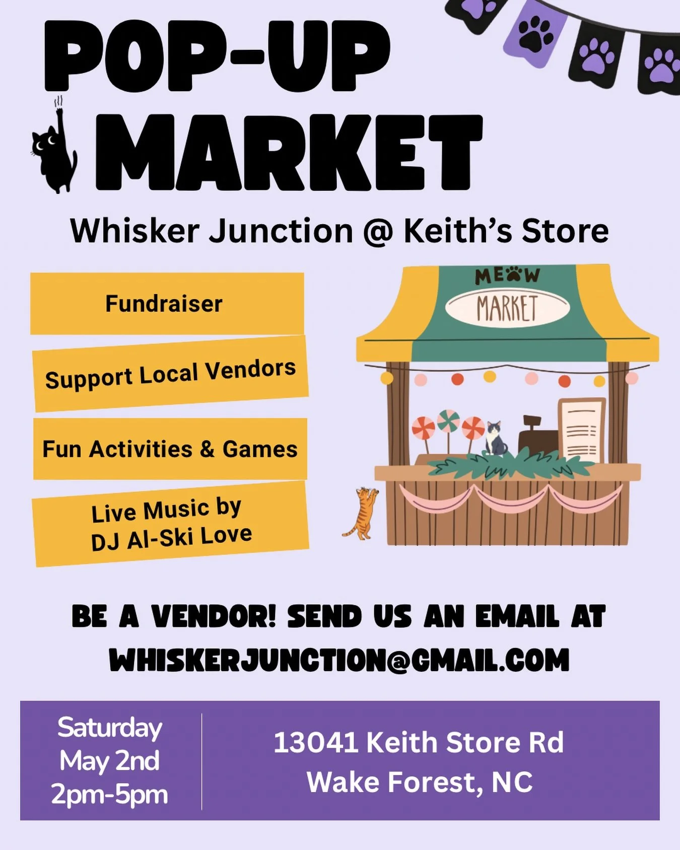 Join us for our Vendor Pop-Up Market on May 2nd from 2&ndash;5 PM, benefitting Whisker Junction at Keith&rsquo;s Store! Spend the afternoon shopping local businesses, enjoying great music from a live DJ, and soaking in a family-friendly atmosphere wi