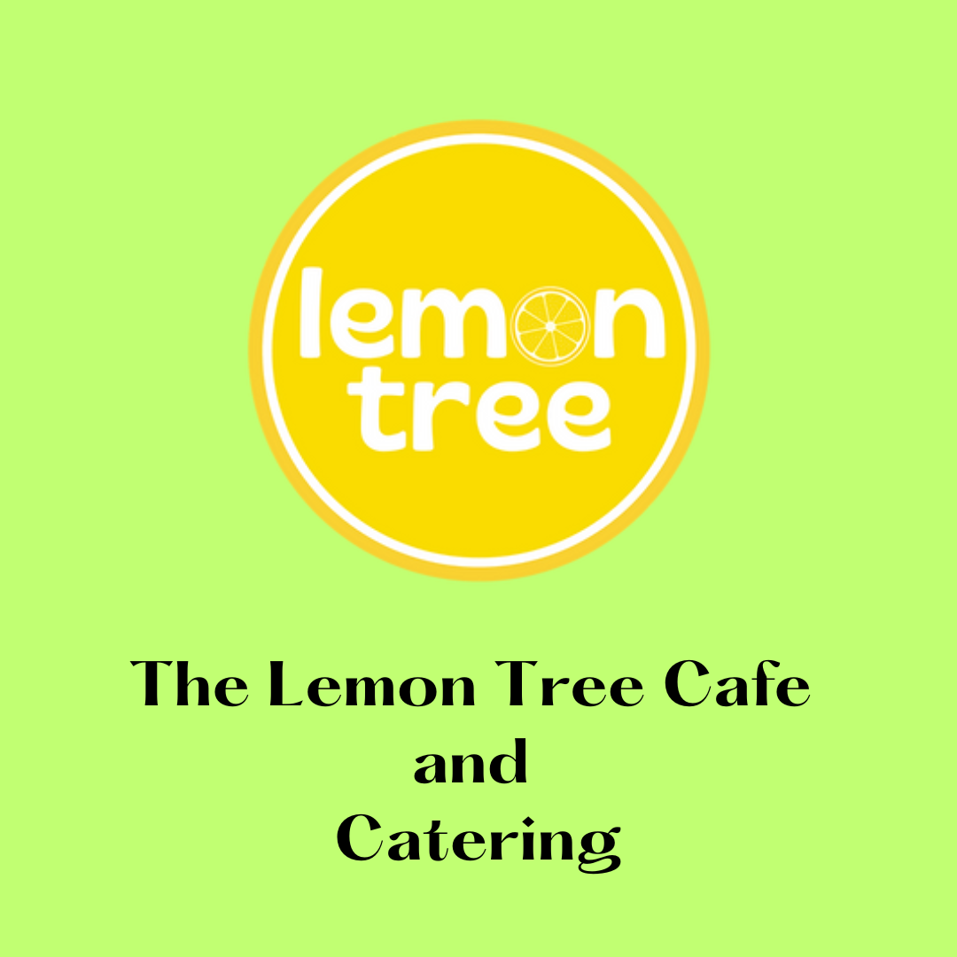 Logo for Lemon Tree, a cafe and catering business, featuring a yellow lemon slice and white text on a light green background.