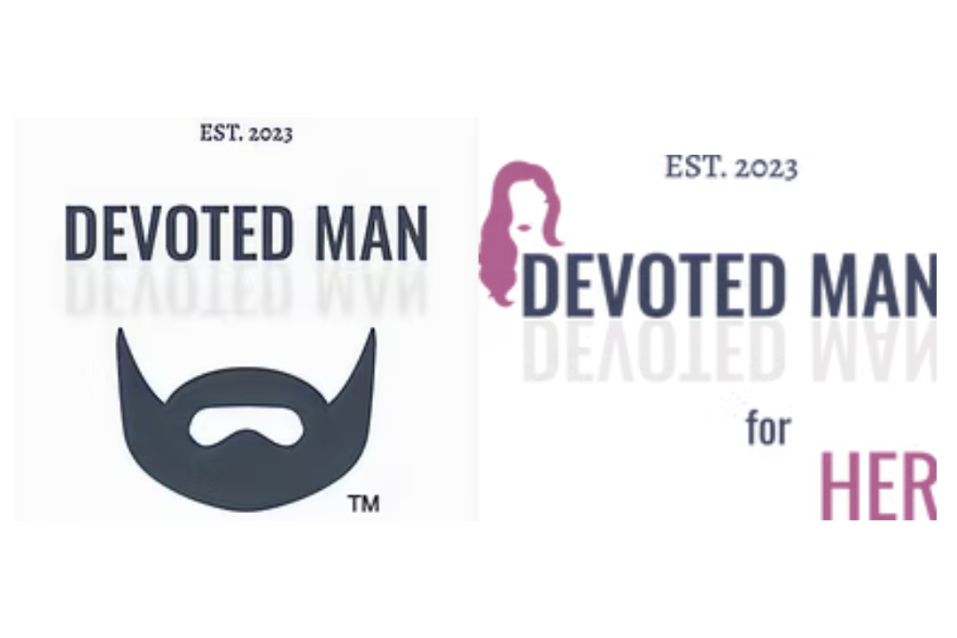 Logo with a stylized beard and the text "Devoted Man" and "EST. 2023" on the left, and a silhouette of a woman's hair with the text "Devoted Man for HER" on the right.