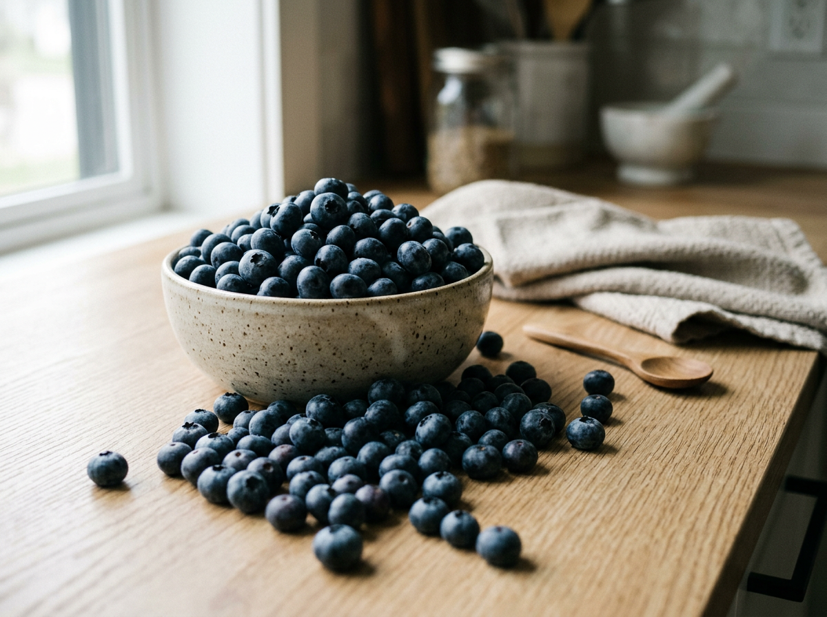 Photo of a latte with blueberries on the side.