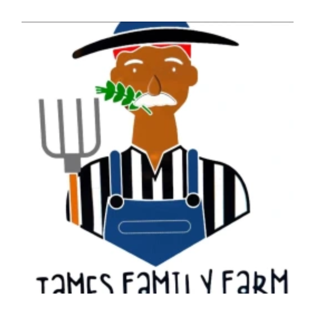 A logo with a stylized person wearing a hat, striped shirt, and overalls holding a pitchfork, with a green leaf in their mouth and the text 'TAMES FAMILY FARM' below.