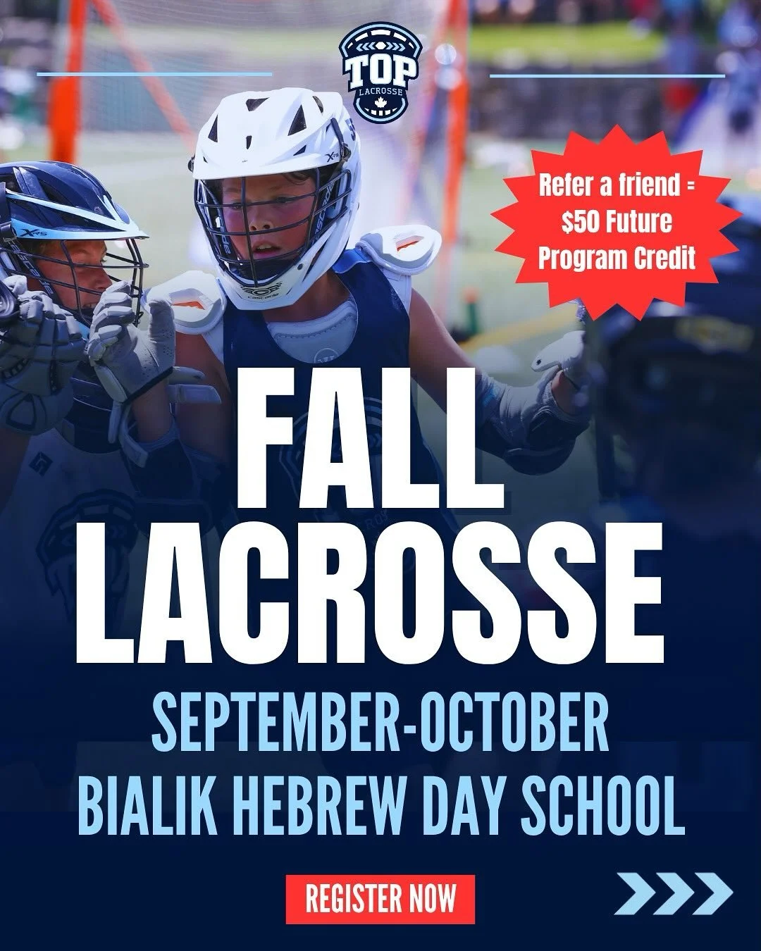 🥍Fall Lacrosse is less than 2 months away!🥍

We are now offering a &ldquo;Refer a Friend&rdquo; $50 future program credit! Here are the steps to receive this credit:

1. Tell your friend(s)about our Lacrosse programs.
2. Friend registers for a Fall