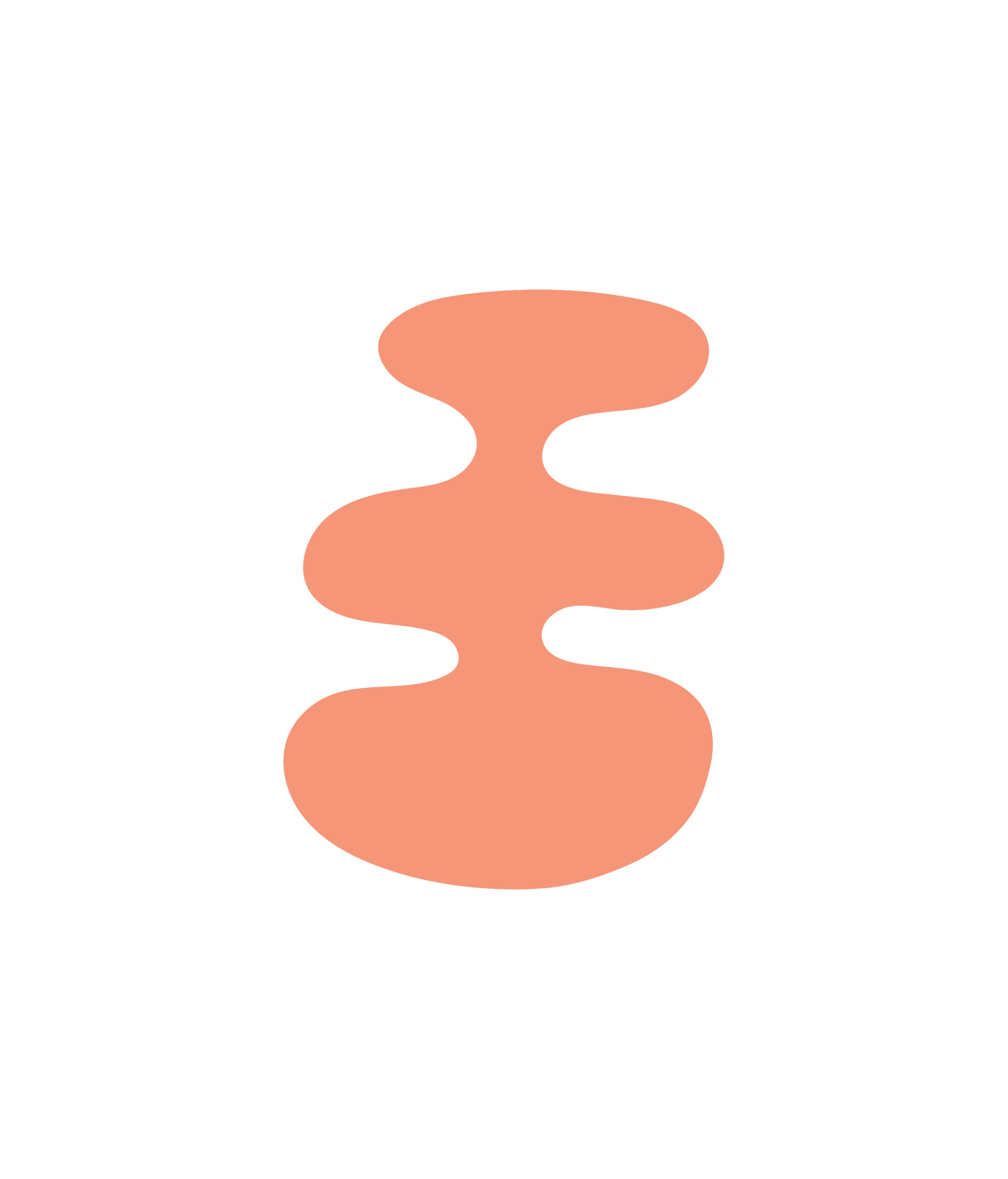 An abstract illustration of a stylized, layered organism with a black background, featuring orange, bulbous, flowing shapes stacked vertically.