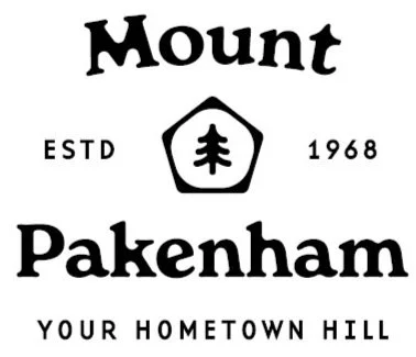 Mount Pakenham logo featuring a pine tree symbol, established in 1968, with the slogan 'Your Hometown Hill'.
