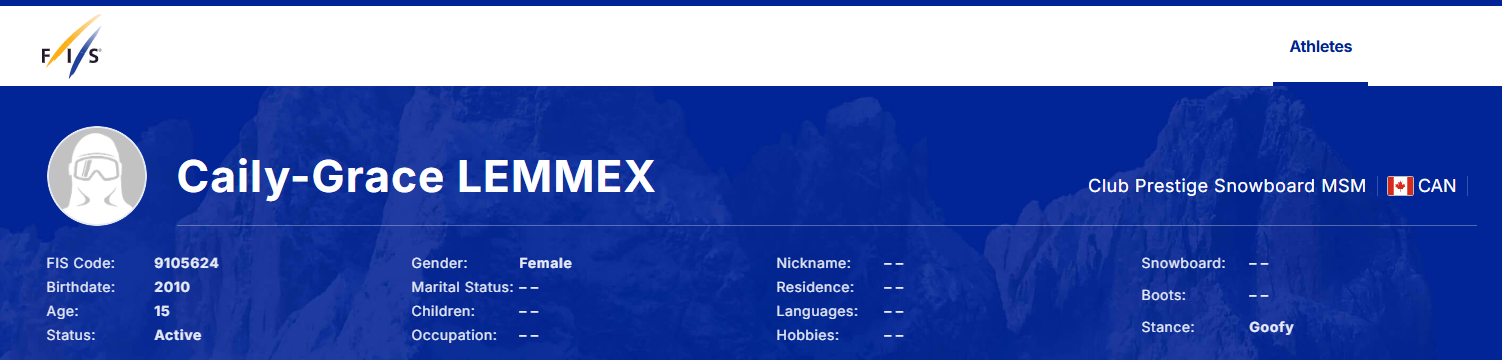 FIS athlete profile with blue mountain background, displaying name, gender, age, status, and sporting details for Caily-Grace LEMMEX.