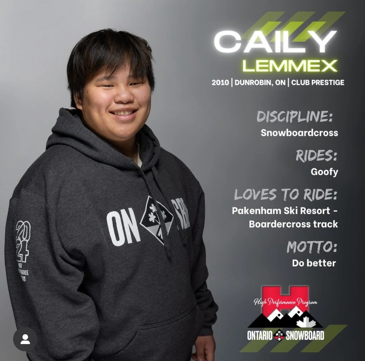 Young man wearing a black hoodie smiling in front of a gray background with text about his snowboarding discipline, rides, favorite place, and motto, associated with Ontario Snowboard logo.