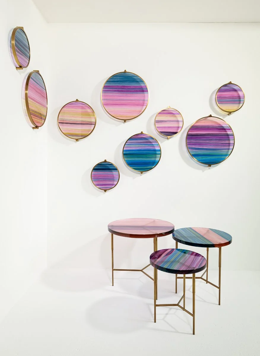 Colourful, abstract, handmade, art glass, interior decor. Displayed with trio of handmade glass and metal tables.