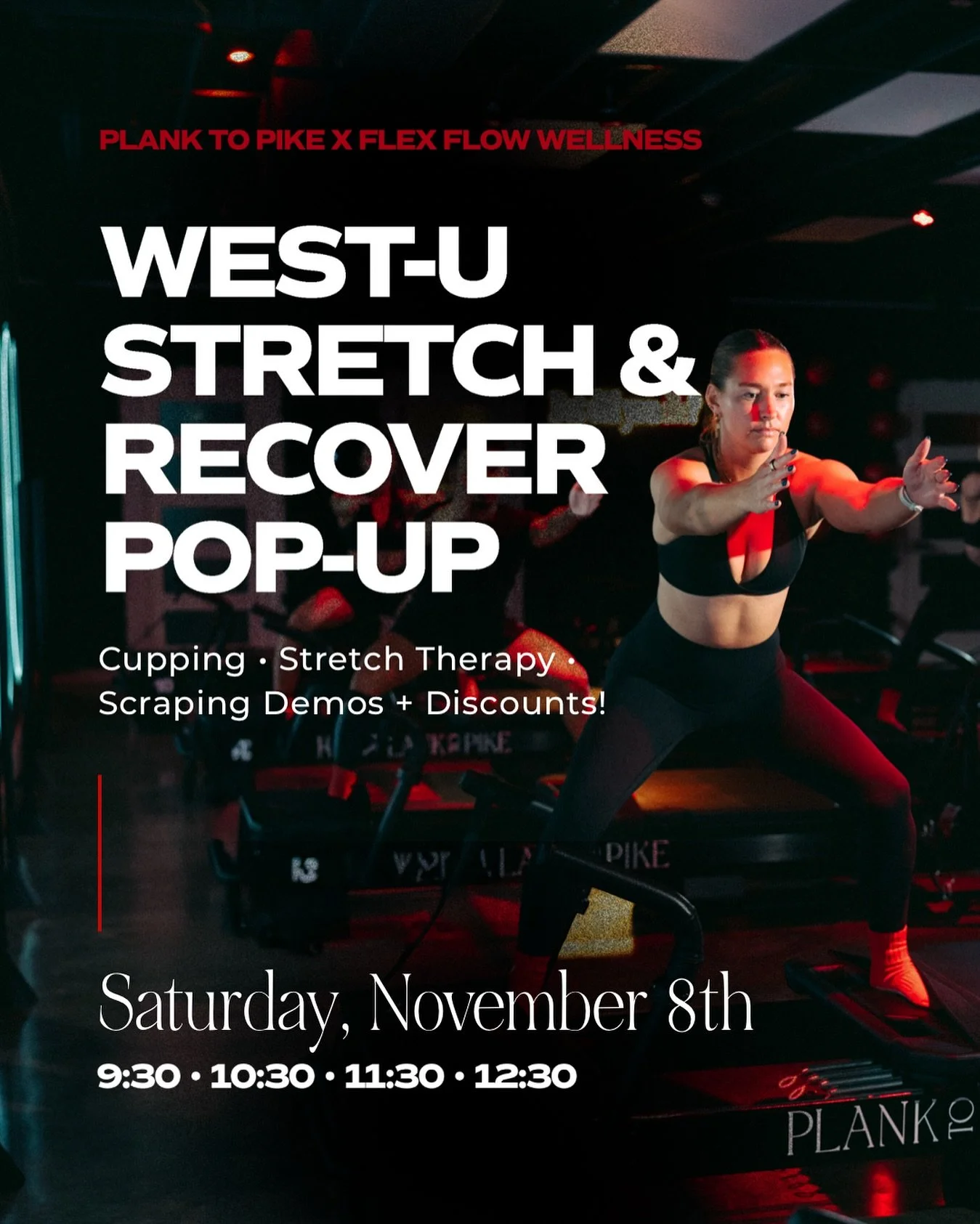 FlexFlow Wellness x Plank to Pike 🌱 

We&rsquo;re teaming up with @flexflow_wellness on Saturday, November 8th for a special in-studio pop-up focused on recovery, mobility, and education! 

Join us during the 9:30, 10:30, 11:30, and 12:30 classes at