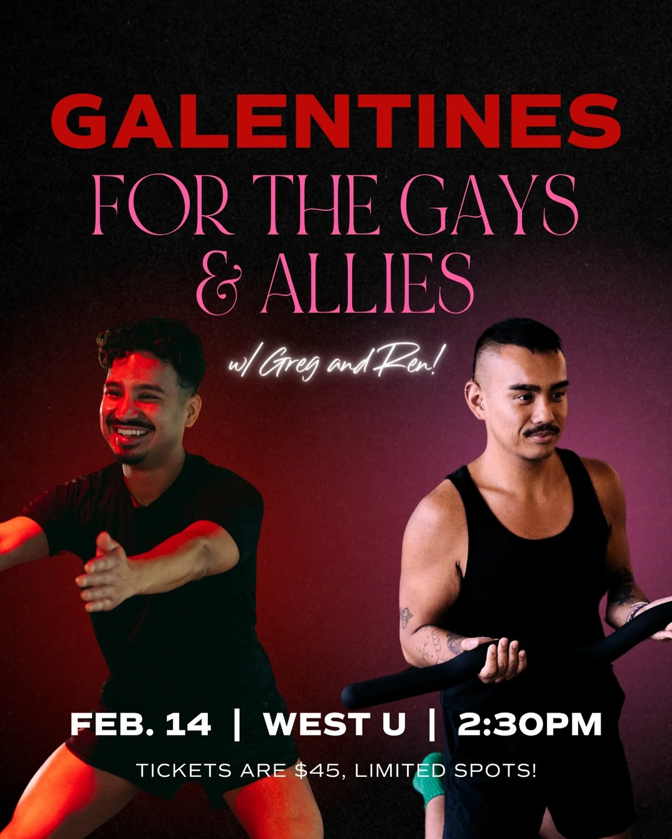 Valentine&rsquo;s Day, but make it for the girls, gays, and theys!! 💖

Join Greg + Ren for a special heated mat co-teach on February 14 at 2:30PM at our West U location. Expect sweat, good energy, and a post-class hang with vendors we cannot wait to