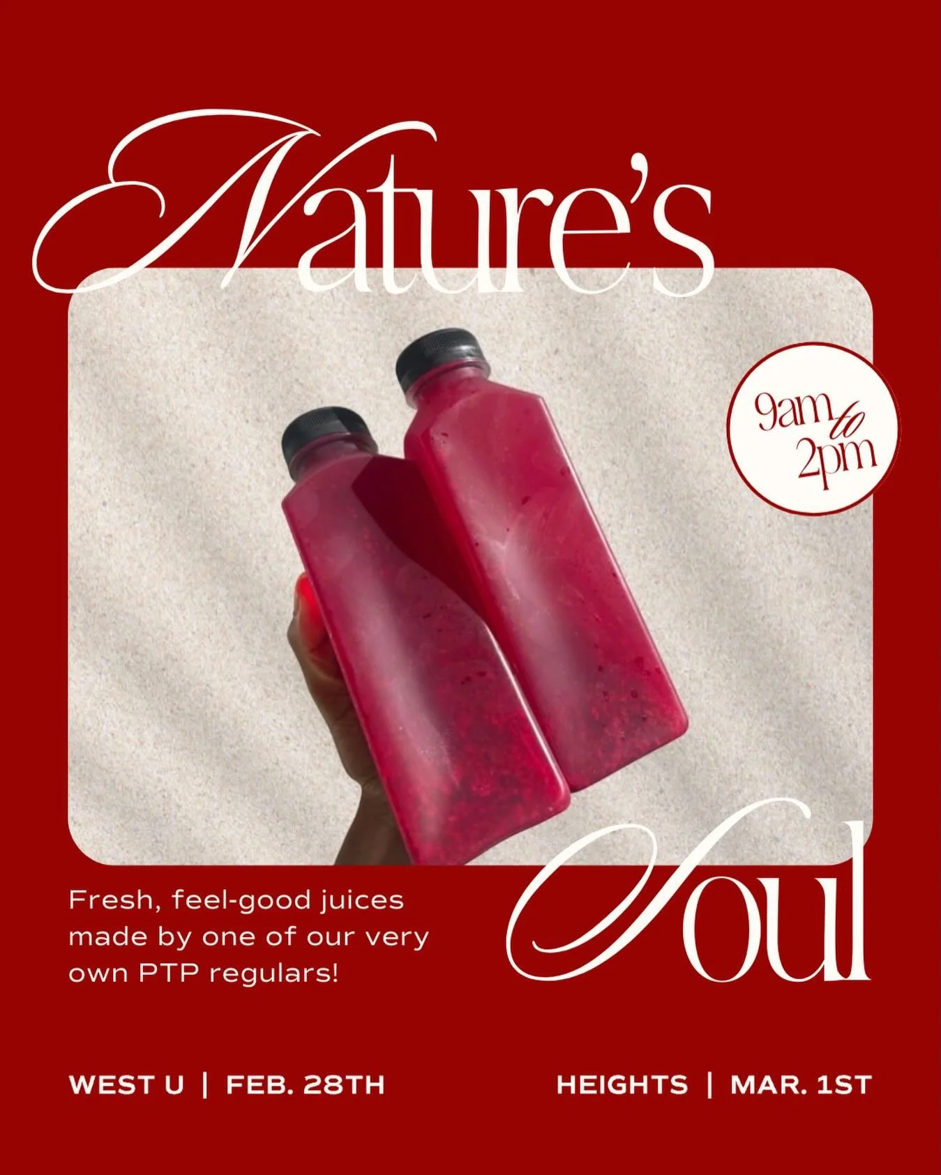 One of our regulars, @natures.s0ul, is bringing her fresh juice pop-up to the studio and we&rsquo;re so excited to host her!! 🧃 

🍓 West U - Feb 28
🍎  Heights - March 1
⏰ 9AM&ndash;2PM

Come say hi, grab a juice, and hang after class! ❤️