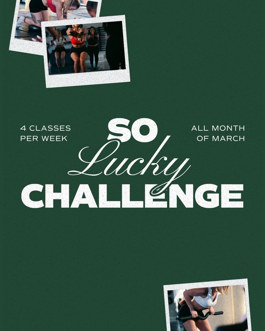 Feeling lucky? Prove it. 🍀🤭

Our So Lucky Challenge is BACKK baby! 4 classes per week throughout March. If you&rsquo;ve been waiting for a sign to lock tf in, this is it.

Join us at the studio by booking through your website or the app! 💚