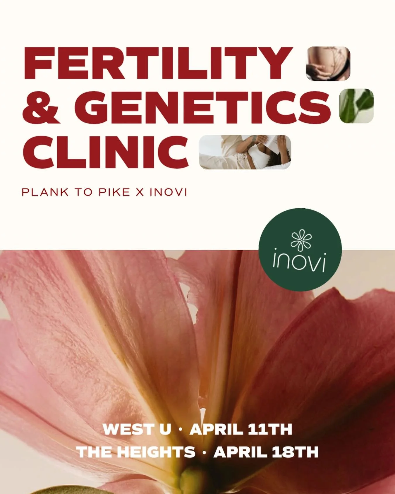 Your wellness journey doesn&rsquo;t stop at the reformer 🤍

We&rsquo;re so excited to partner with @inovi_fertilityto host a Fertility &amp; Genetics Clinic at both of our Plank to Pike locations this April. This is a beautiful, welcoming space to a