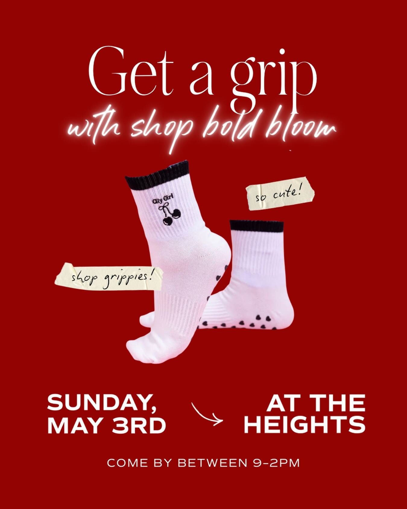 Ur socks called, they said they needed an upgrade 📞 👀

@shop.boldbloom is popping up at The Heights May 3rd from 9&ndash;2 with all the good ones aka the pairs you&rsquo;ll actually want to wear to class!!

Come by, hang, and upgrade your sock game