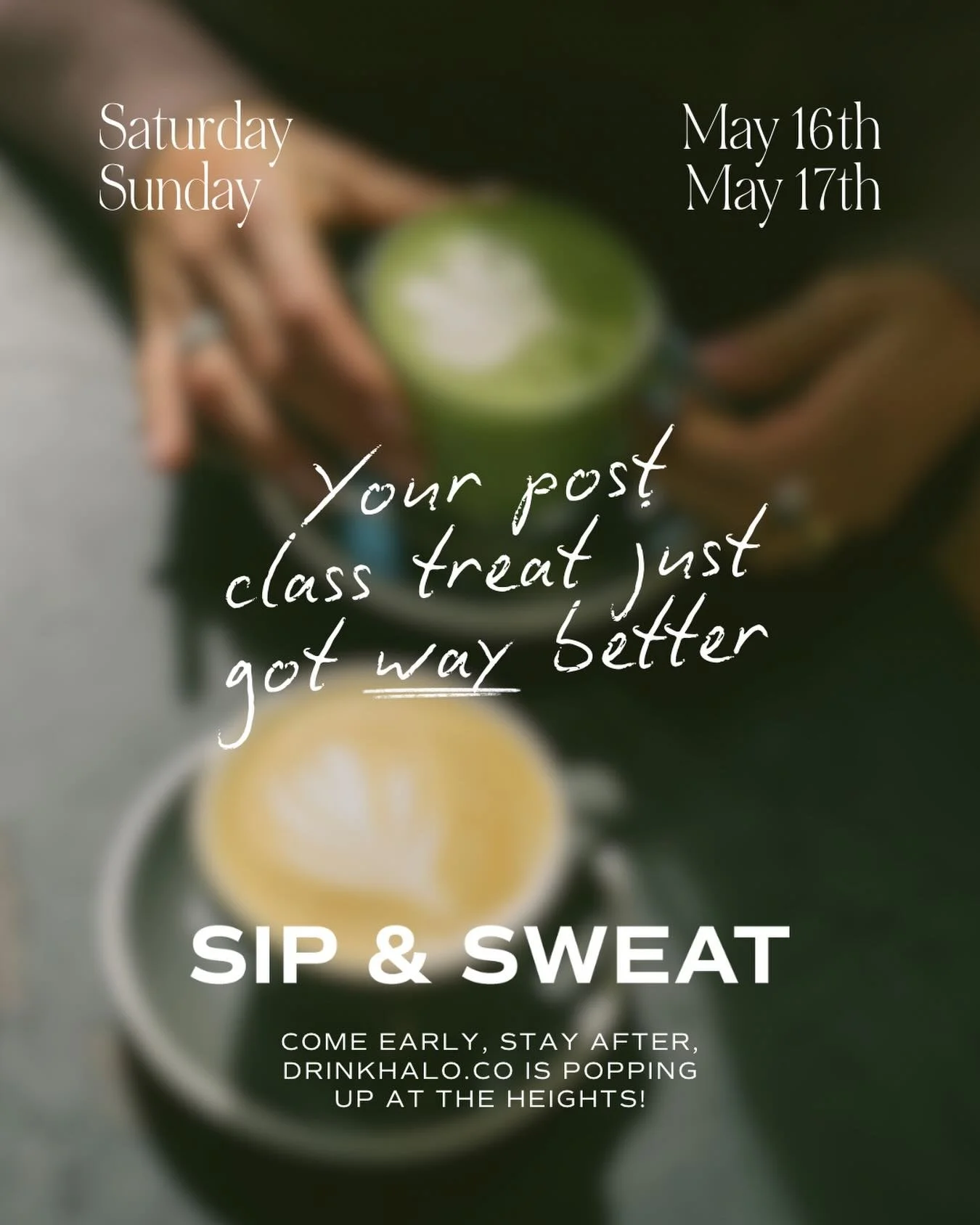 Hot girls have a little post-class drinky. See you after class 💋

@drinkhalo.co popping up with matcha + coffee all day. Be there or be square!!

Saturday the 16th - WEST U
Sunday the 17th - HEIGHTS