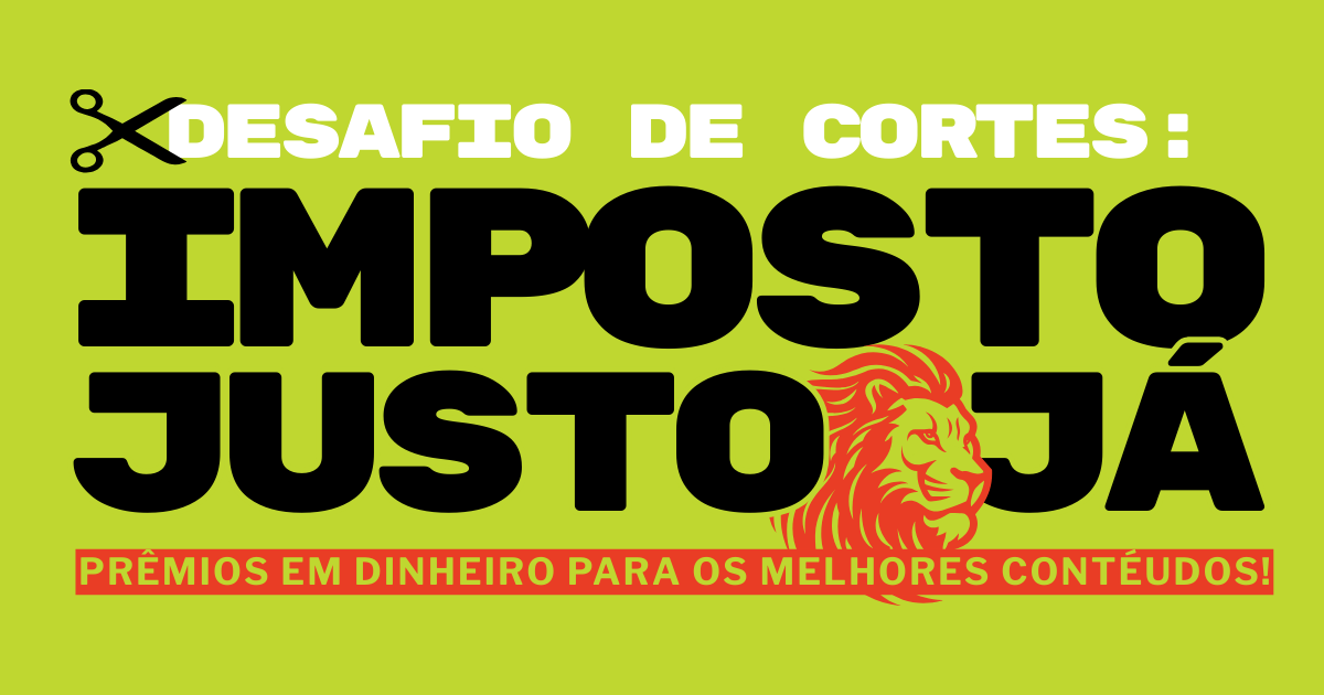Cartaz com fundo verde que anuncia um desafio de cortes de cabelo com o tema "Impasto Juto Já", incluindo uma ilustração de um leão estilizado em vermelho ao lado do texto e uma faixa vermelha com letras amarelas que informa "Prêmios em dinheiro para os melhores conteúdos".