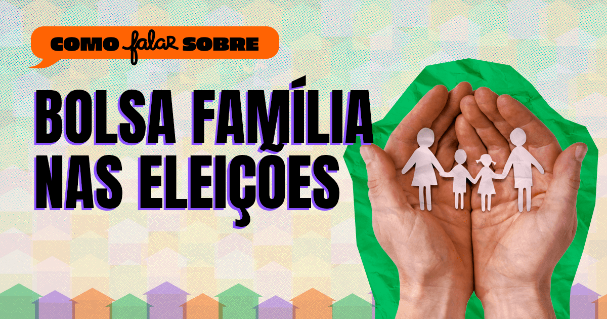 Ilustração de mãos humanas segurando figuras de uma família composta por dois adultos e duas crianças, com fundo colorido e texto em português sobre eleições e cadernos de votação.