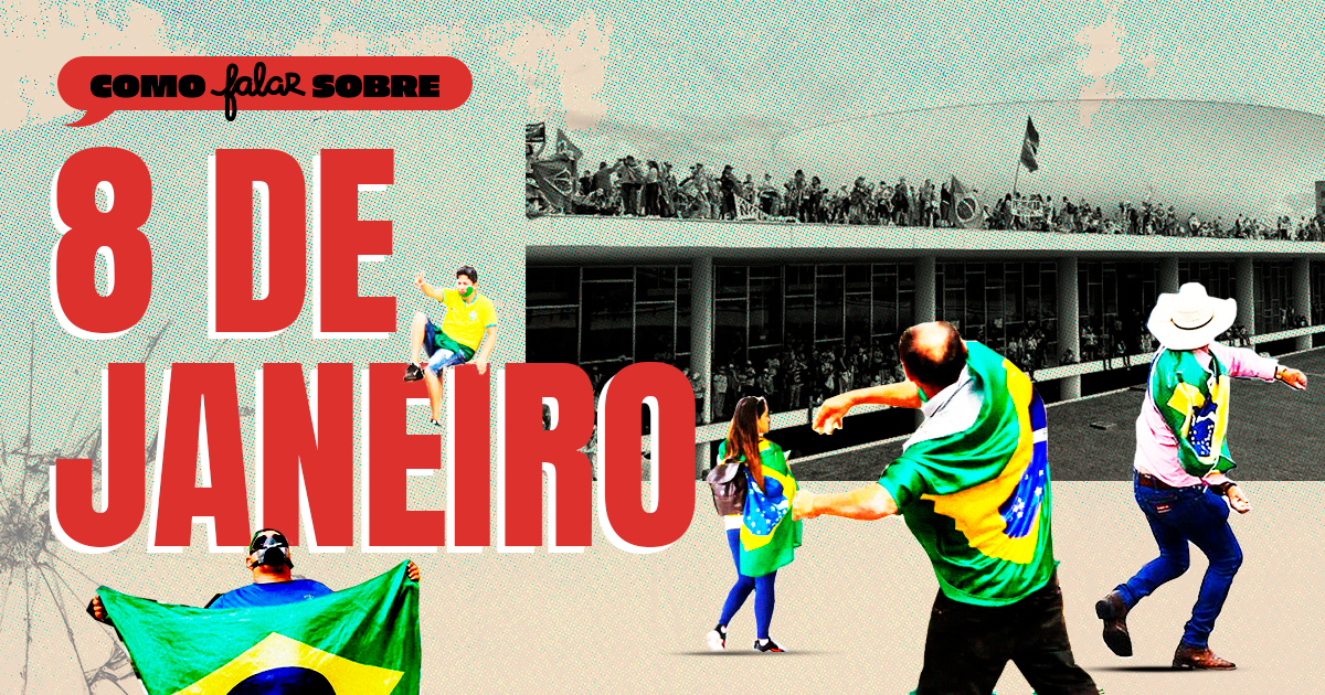 Pessoa segurando uma bandeira do Brasil, outras pessoas usando camisetas e chapéus com as cores e símbolos do Brasil, em um cenário de protesto ou manifestação.