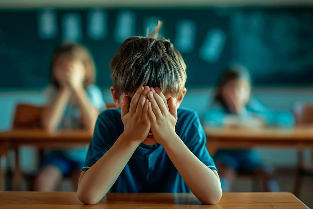Criança cobrir o rosto com as mãos em sala de aula, com outros colegas ao fundo.
