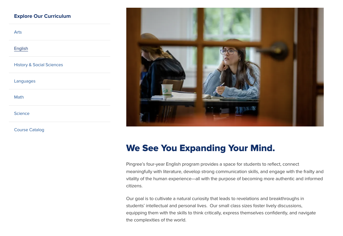 The copy in each subject area takes its lead from a recent admission rebranding project.