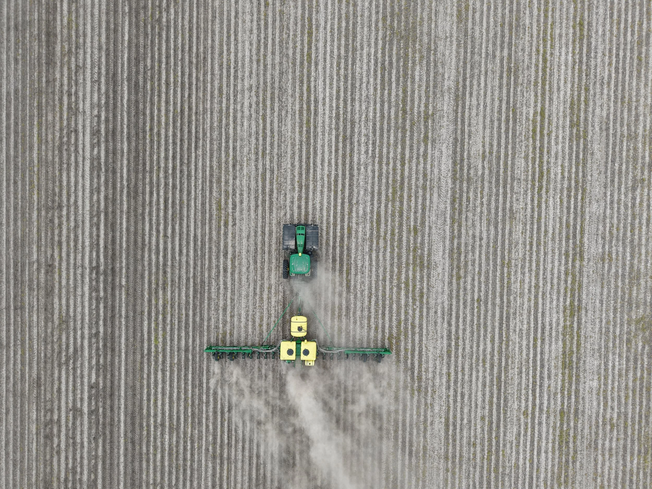 Overhead view of a Seifert Farms tractor working a field near Auburn, Illinois