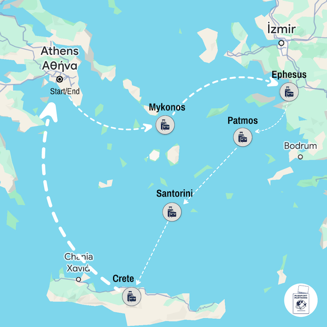 Map of the Greek Islands with points locating several islands