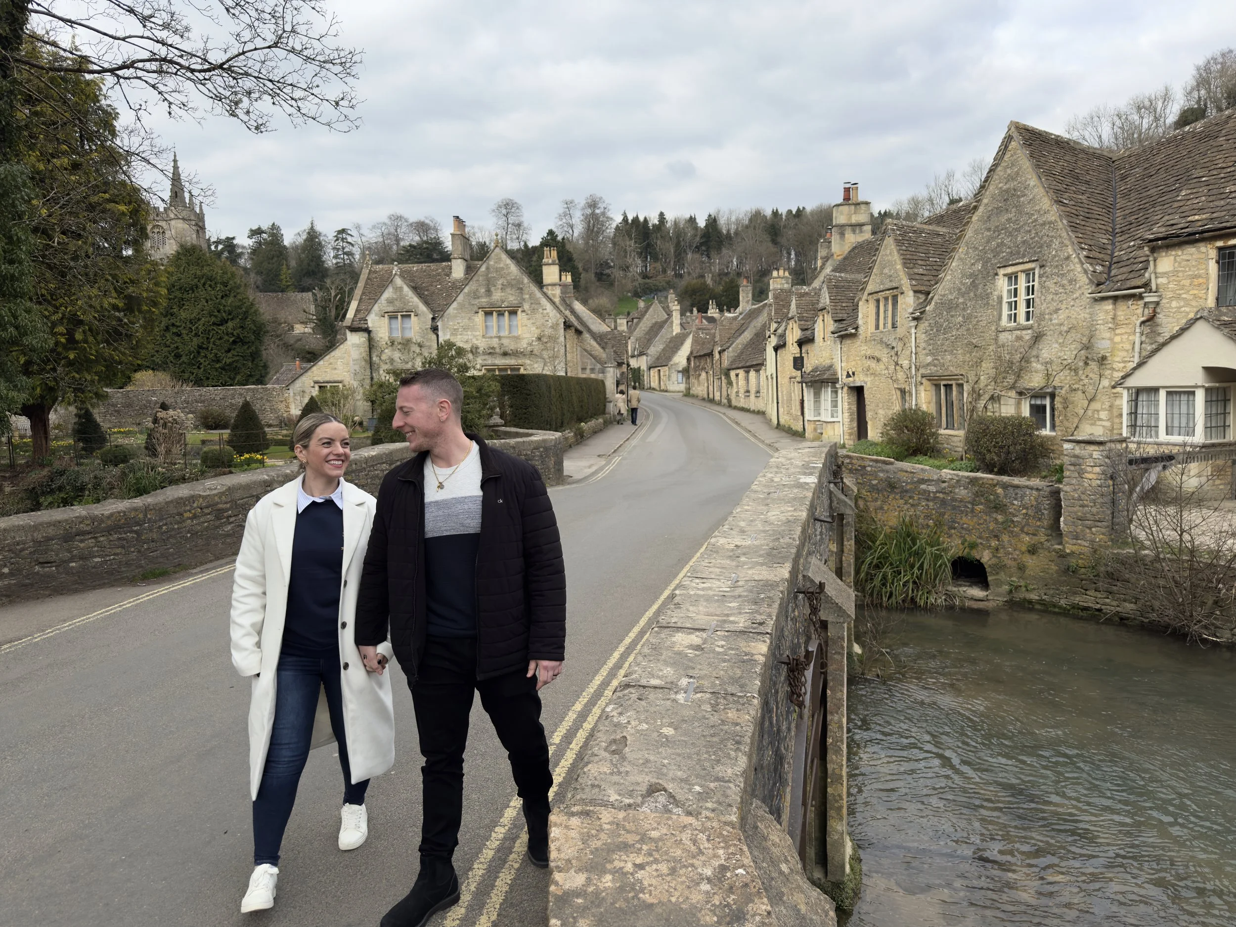 girl, guy, bridge over water