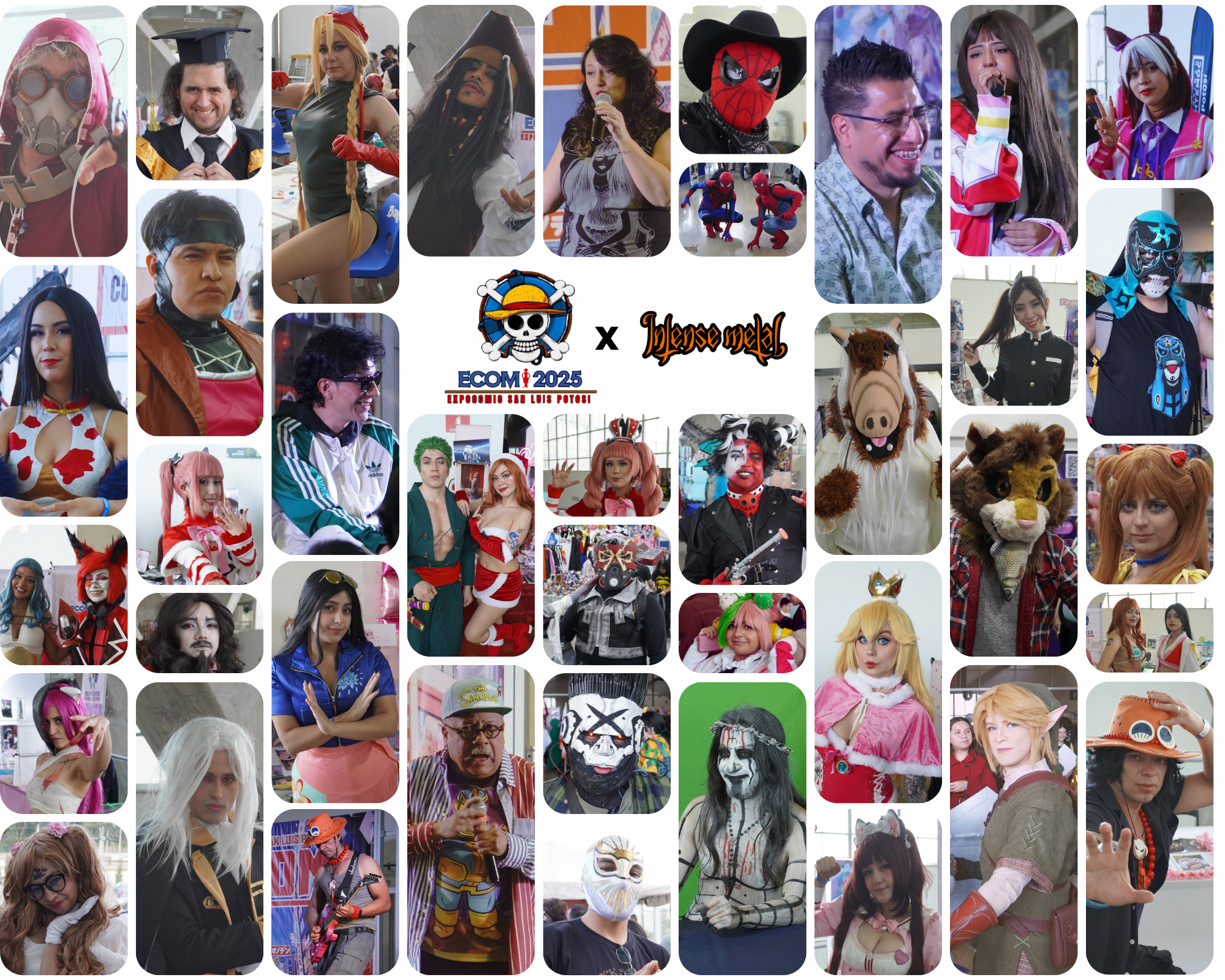 Collage de personas en disfraces de personajes de anime, cómics, películas y cultura pop en un evento de cosplay.