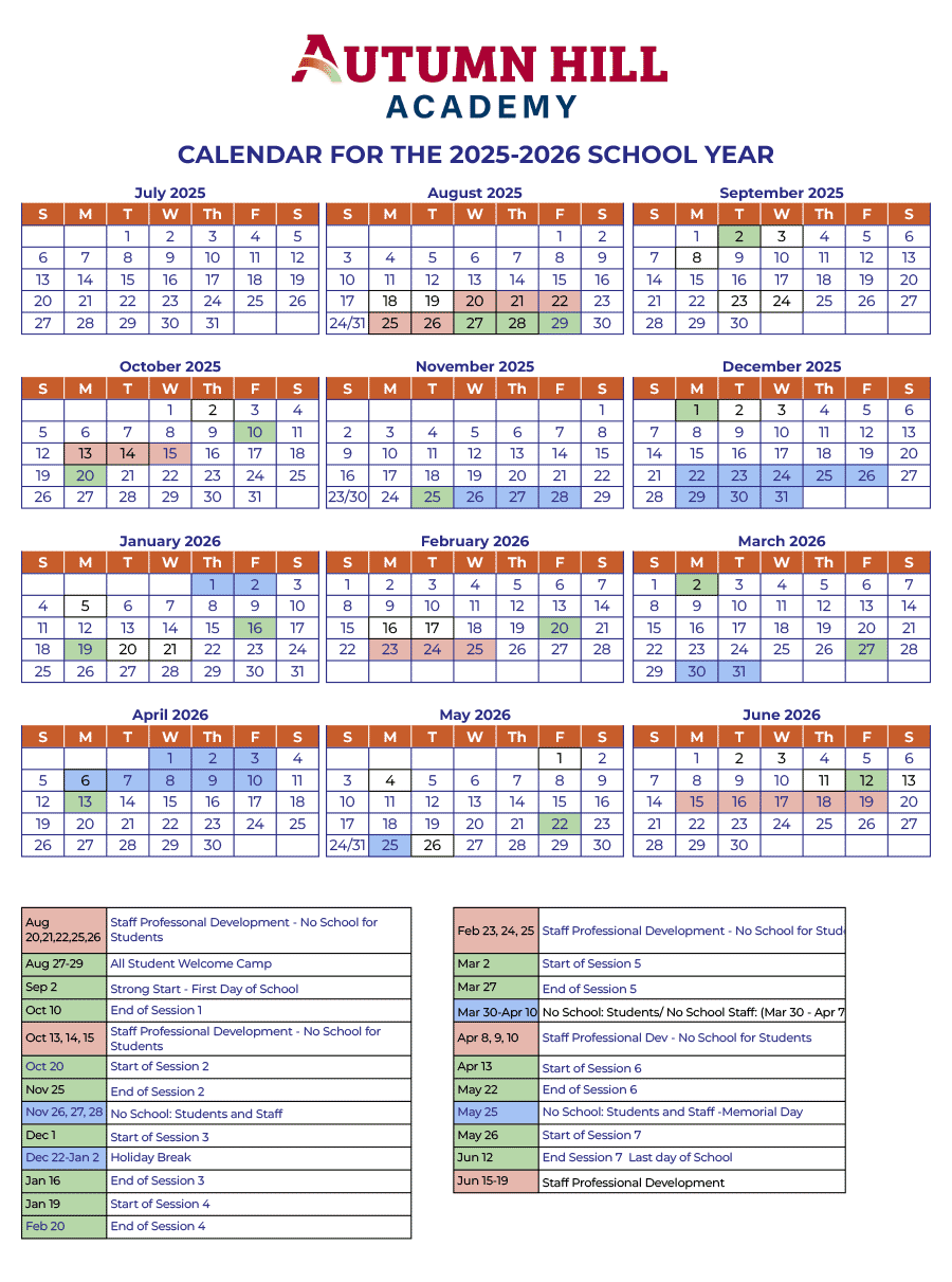 Autumn Hill Academy Calendar