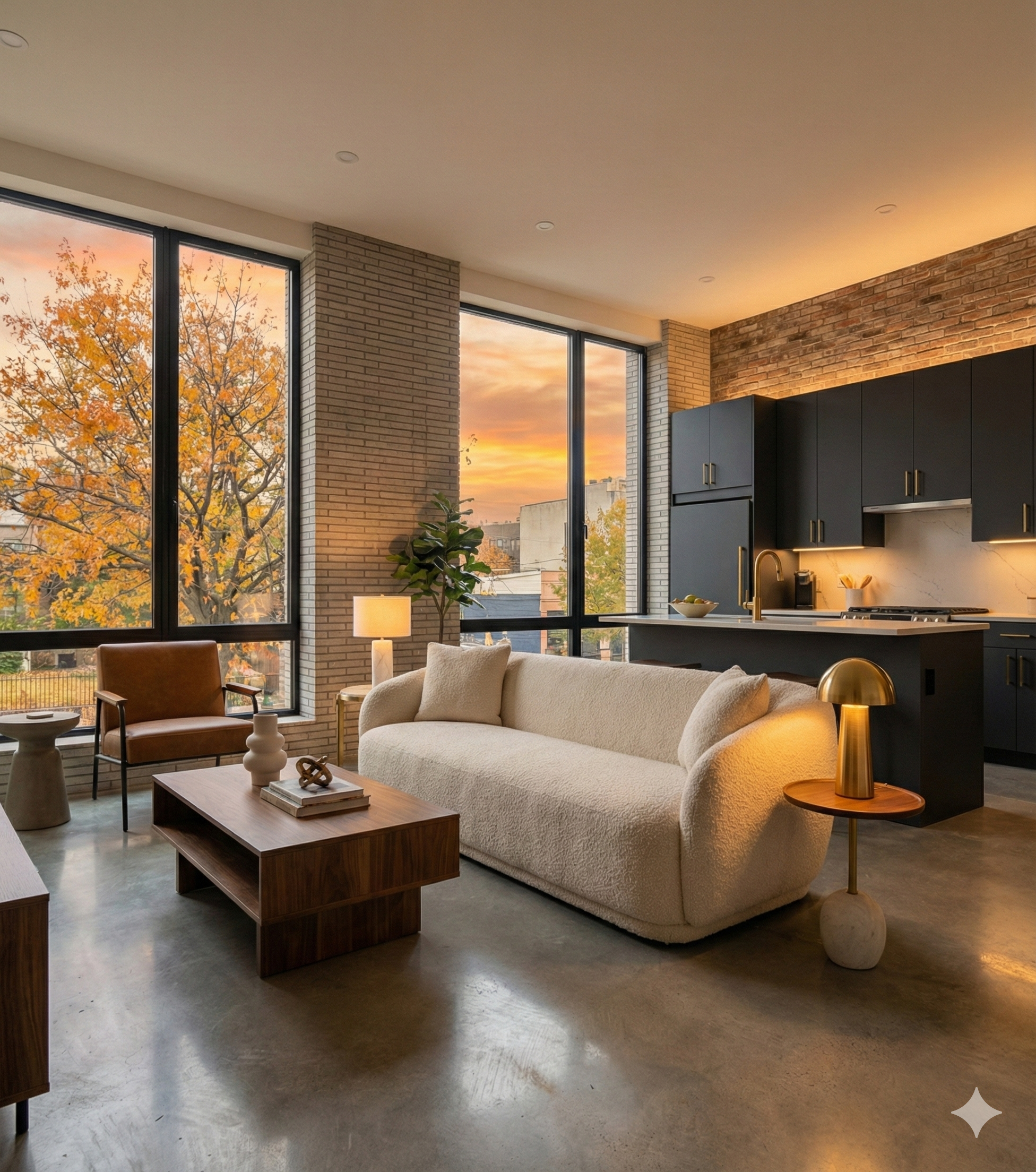 Modern living room with large windows showing autumn trees, white sofa, wooden coffee table, brown armchair, floor lamp, and kitchen with dark cabinets and brick wall