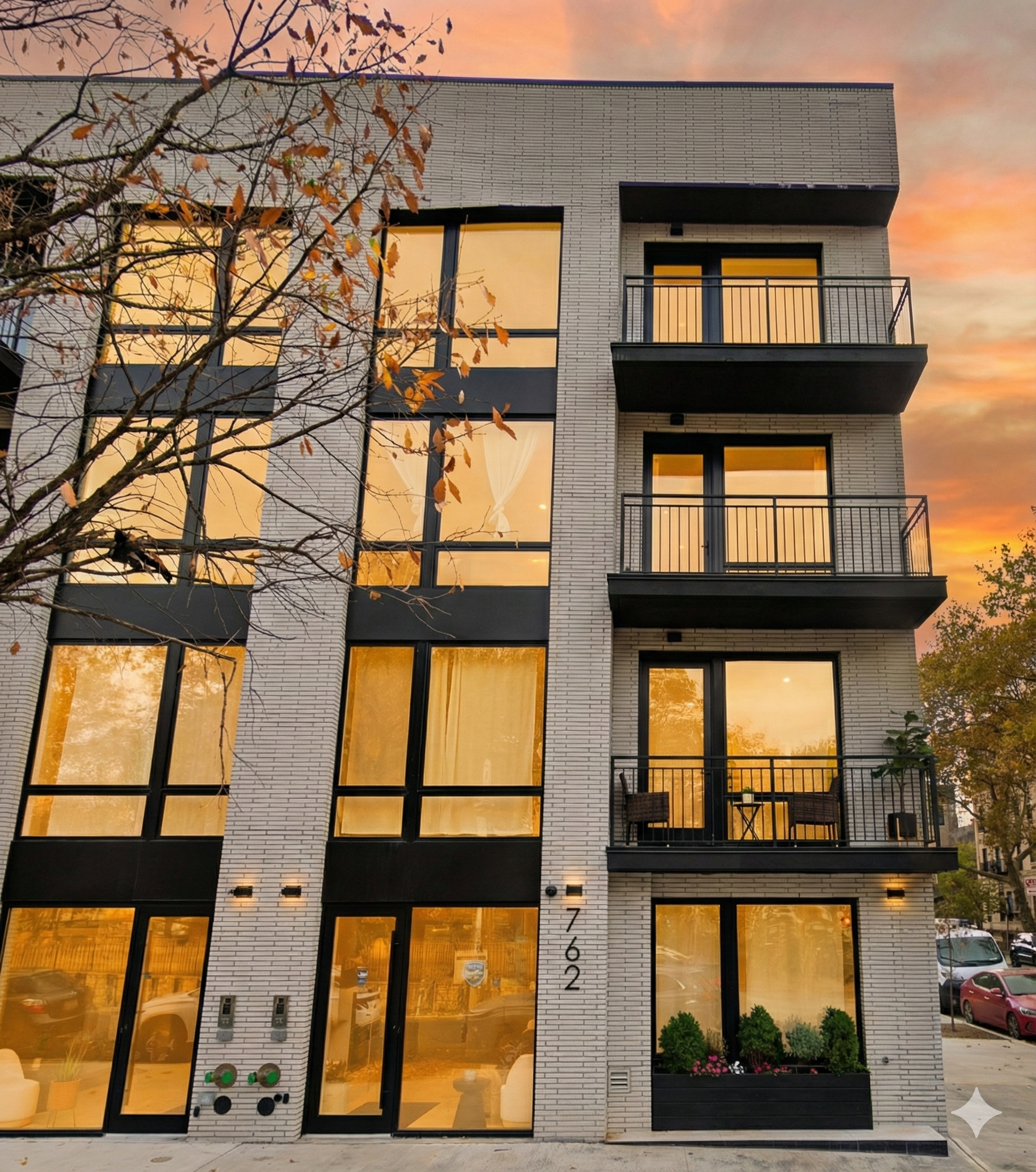 Modern multi-story residential building with large windows and small balconies, street view at sunset with trees and parked cars nearby.