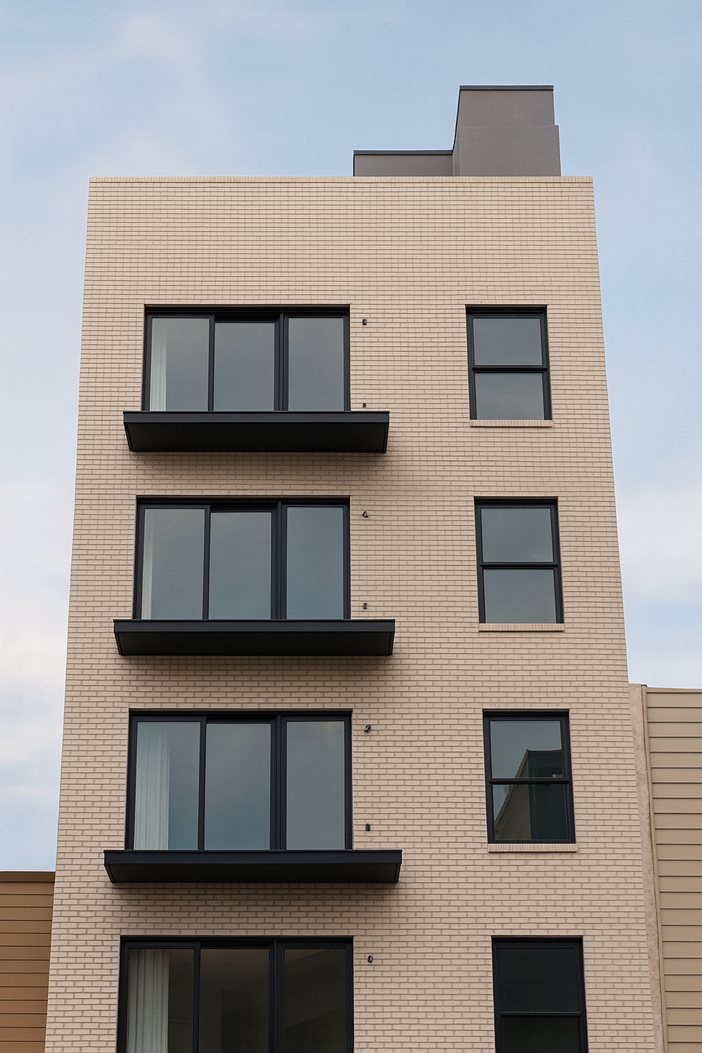 A modern multi-story building with a beige brick facade, black-framed glass windows, and three small balconies with black railings, set against a cloudy sky.