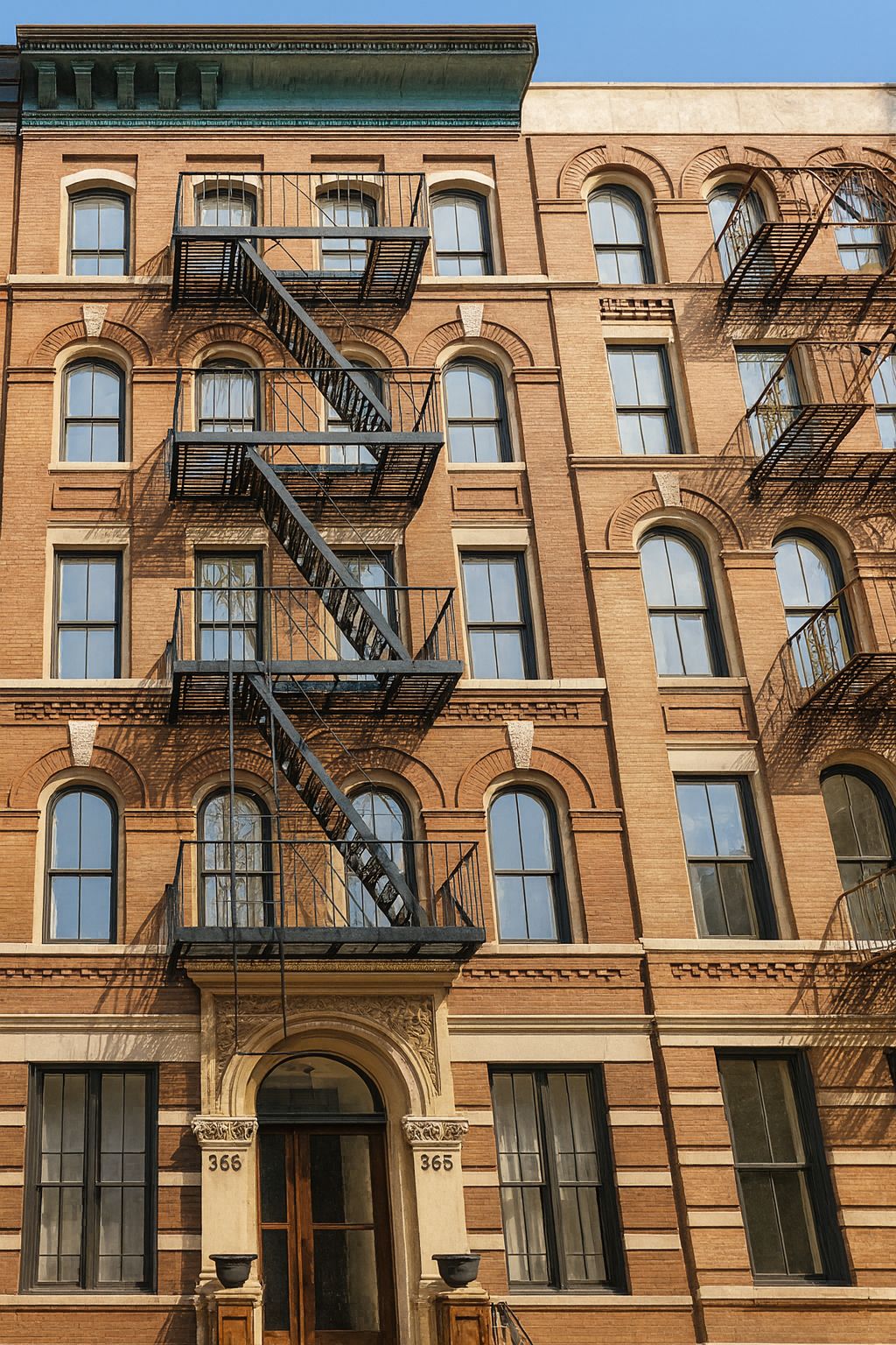 An exterior view of a vintage brick apartment building with arched windows and black fire escape stairs on the facade.